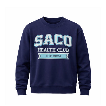 The STREET Crew Jumper by Southern Apparel features SACO Health Club in bold light blue and white on the front, with EST. 2024 below in a blue ribbon. Made from heavyweight fabric, it's ideal for streetwear style.
