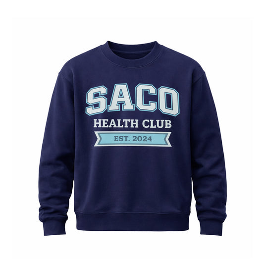 The STREET Crew Jumper by Southern Apparel features SACO Health Club in bold light blue and white on the front, with EST. 2024 below in a blue ribbon. Made from heavyweight fabric, it's ideal for streetwear style.