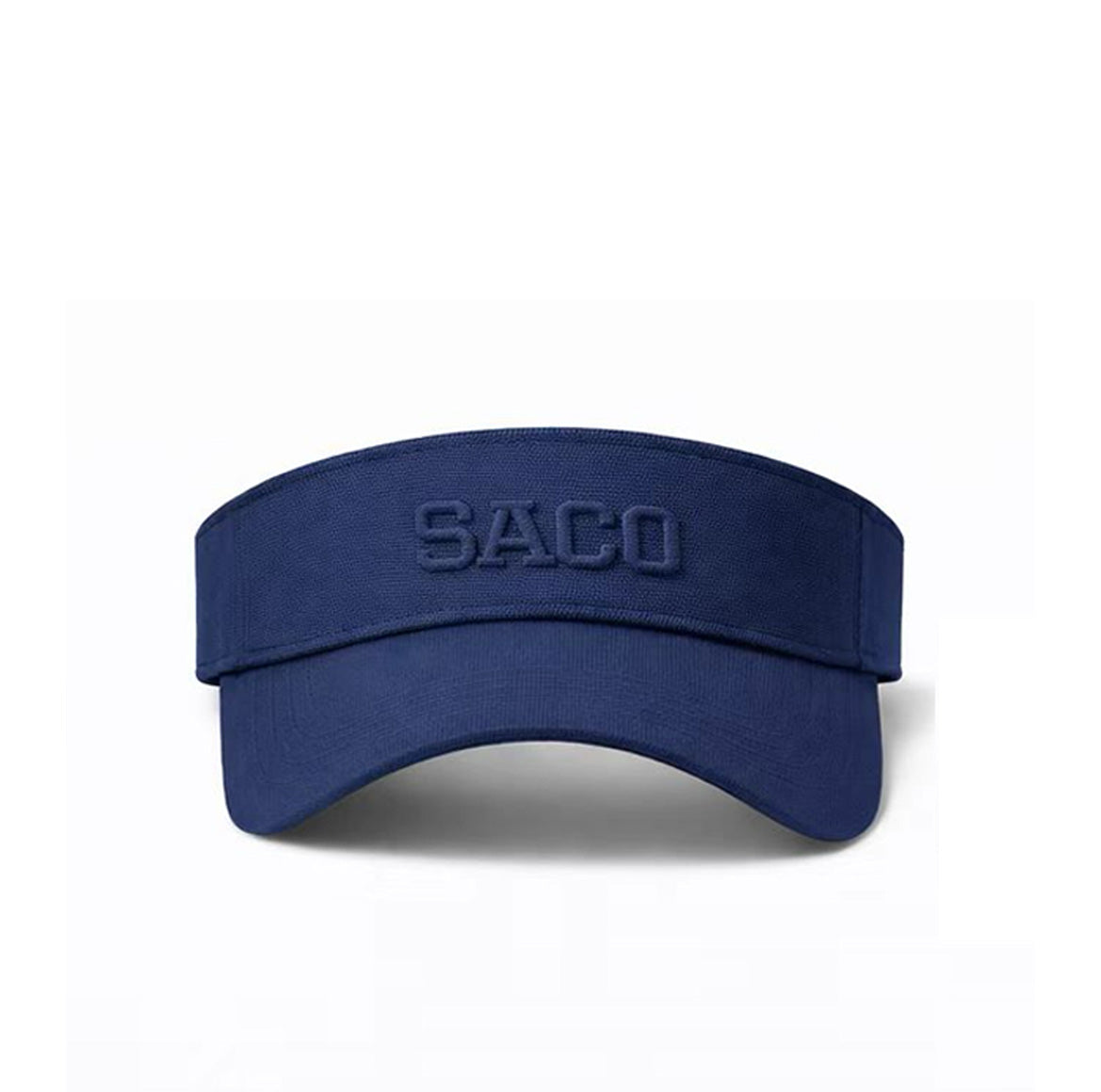 The Southern Apparel ULTRALIGHT Visor is a navy blue, lightweight running cap with "SACO" boldly embroidered on the front, shown against a plain white background.