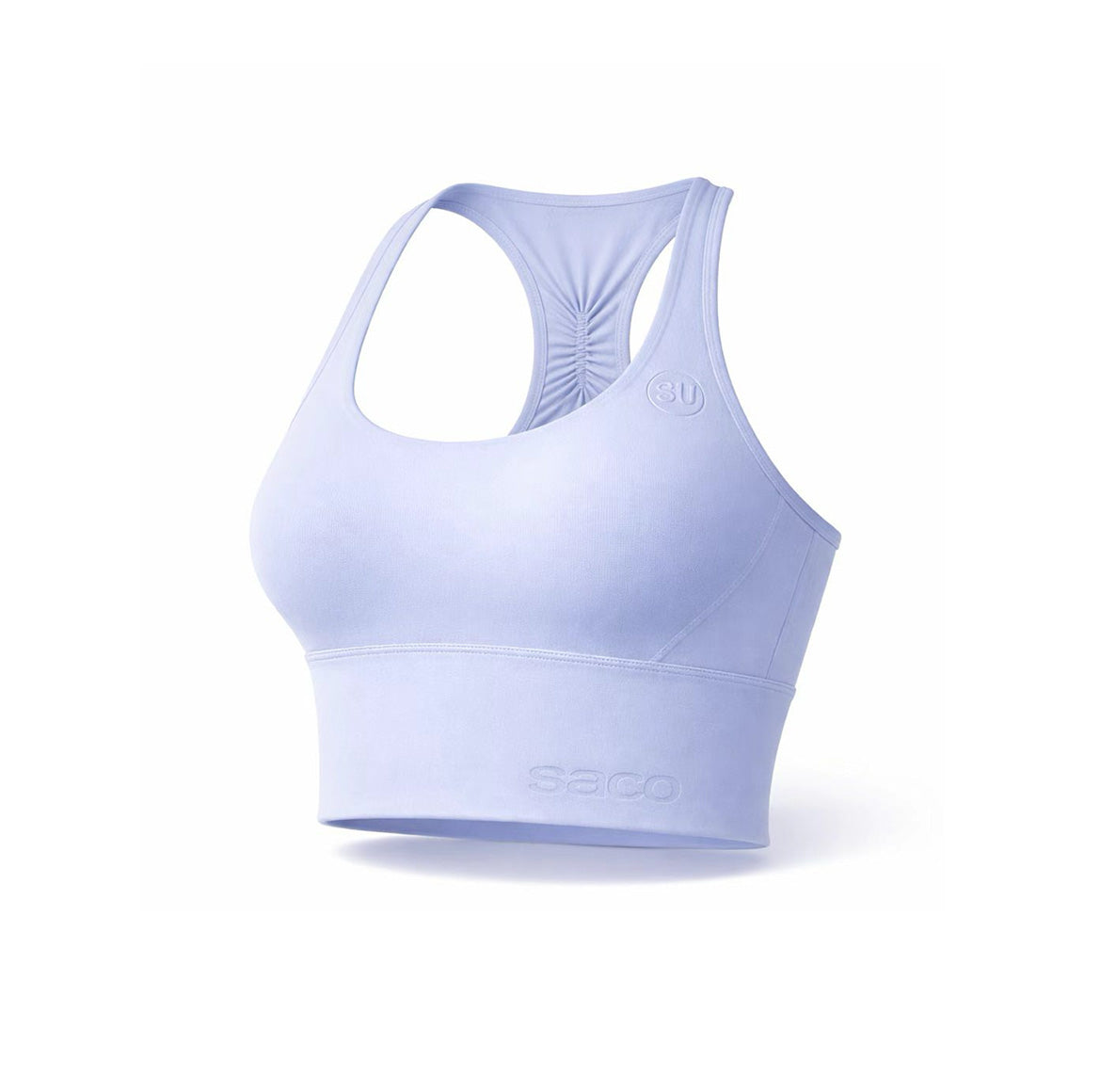 Light purple Southern FORMA PRO Crop sports bra by Southern Apparel features a racerback, wide underband, seamless construction, and embossed logo on the lower band. Shown on a white background—perfect for active lifestyles.
