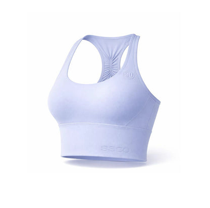 Light purple Southern FORMA PRO Crop sports bra by Southern Apparel features a racerback, wide underband, seamless construction, and embossed logo on the lower band. Shown on a white background—perfect for active lifestyles.