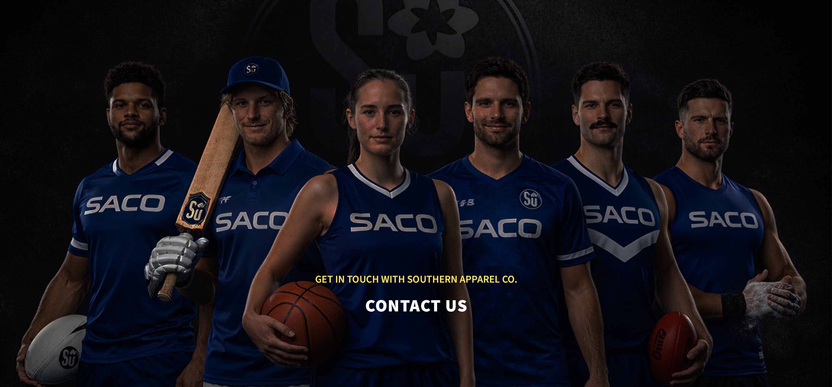 Six athletes in blue SACO and SU uniforms stand confidently holding various sports equipment, including a cricket bat, basketball, rugby ball, and football, with the text Contact Us in the center.