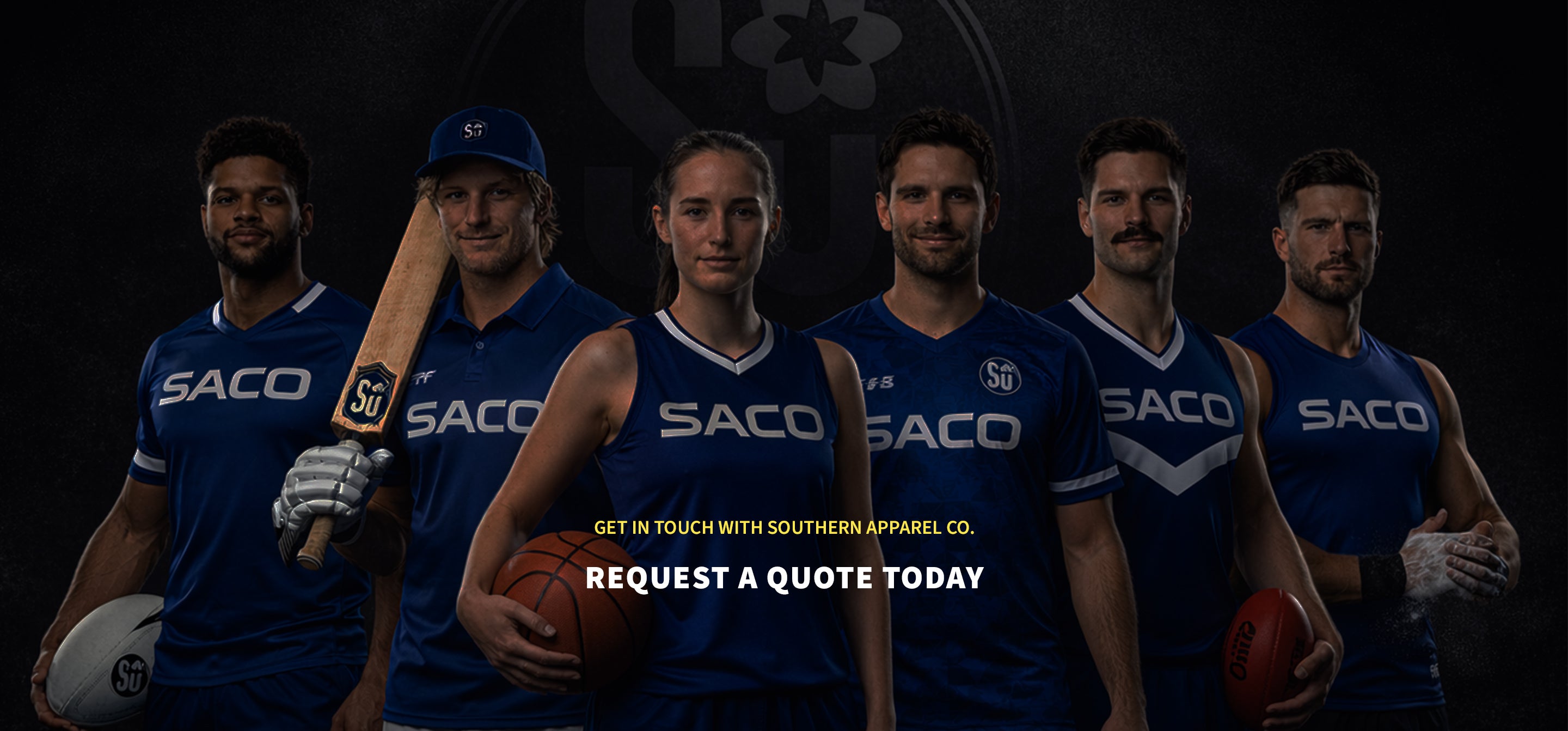 Six athletes in blue SACO sports uniforms pose holding different sports equipment, including a cricket bat, football, basketball, and rugby ball, with the text Request a quote today overlaid.