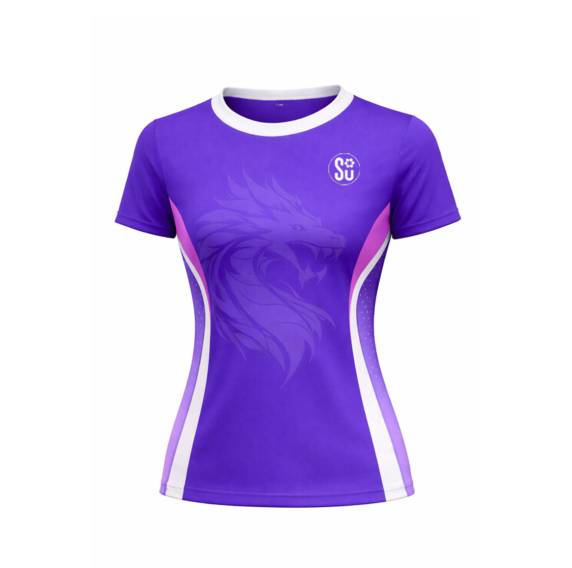 The Southern APEX Women TRAINING Sleeve Singlet by Southern Apparel is a purple, short-sleeve athletic shirt with white and light pink side accents, a white collar, breathable fabric, subtle lion graphic on the front, and S U logo on the left chest.