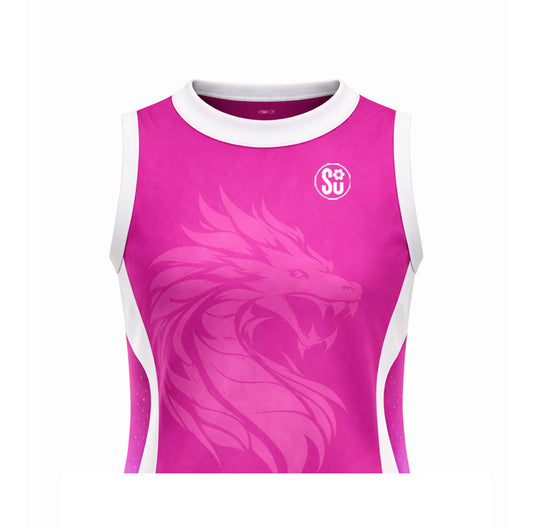 The Southern Apparel Southern APEX Women TRAINING Sleeveless Singlet is a pink, breathable sports jersey with white trim, featuring a bold dragon graphic on the front and a small SU logo on the left chest.