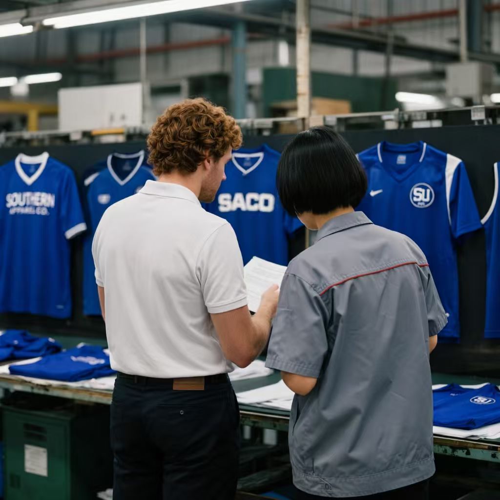 Two people stand in front of a display of blue sports jerseys, reviewing documents together in a factory or workshop setting. The jerseys hang on a rack behind them.
