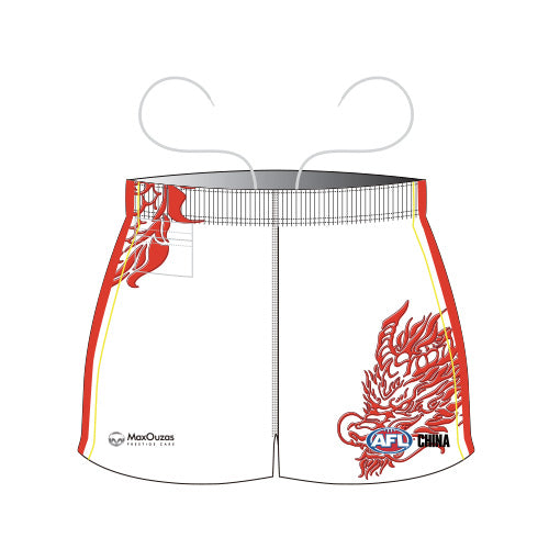 Introducing the 2026 TEAM CHINA AFL Shorts by Southern Apparel—white performance shorts featuring vivid red and yellow side stripes, a bold red phoenix graphic on the right, and the official AFL China logo on the lower left leg. Designed for athletes who value comfort and style, these high-quality shorts also offer a convenient small pocket on the left side, making them perfect for training sessions.